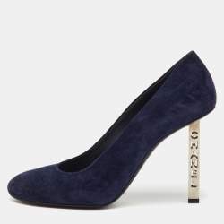 Pre Owned Chanel Navy Blue Suede Round Toe Logo Metal Heel Pumps Size 39