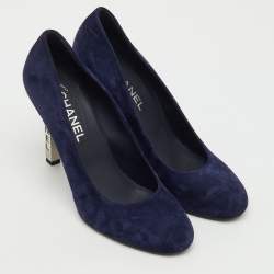 Pre Owned Chanel Navy Blue Suede Round Toe Logo Metal Heel Pumps Size 39
