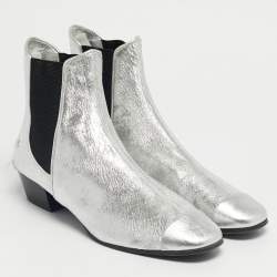 Pre Owned Chanel Silver/Black Leather Ankle Length Boots Size 40