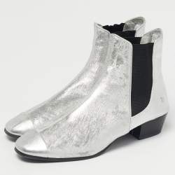 Pre Owned Chanel Silver/Black Leather Ankle Length Boots Size 40