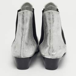 Pre Owned Chanel Silver/Black Leather Ankle Length Boots Size 40