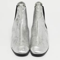 Pre Owned Chanel Silver/Black Leather Ankle Length Boots Size 40