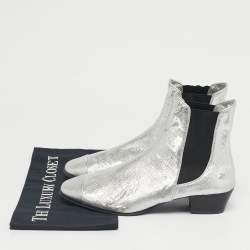 Pre Owned Chanel Silver/Black Leather Ankle Length Boots Size 40