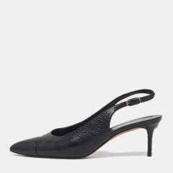 Pre Owned Chanel Black Leather CC Cap toe Slingback Pumps Size 40.5