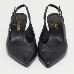 Pre Owned Chanel Black Leather CC Cap toe Slingback Pumps Size 40.5