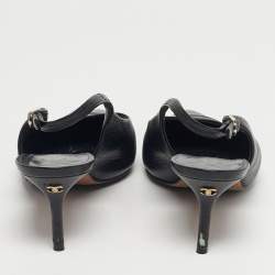 Pre Owned Chanel Black Leather CC Cap toe Slingback Pumps Size 40.5