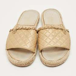Pre Owned Chanel Gold Quilted Leather CC Chain Espadrille Flat Slides Size 40