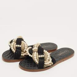 مملوكة مسبقًا شبشب شانيل قماش مجدول ملون ولؤلؤ صناعي مسطح مقاس 40