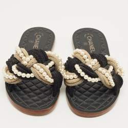 مملوكة مسبقًا شبشب شانيل قماش مجدول ملون ولؤلؤ صناعي مسطح مقاس 40