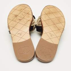 مملوكة مسبقًا شبشب شانيل قماش مجدول ملون ولؤلؤ صناعي مسطح مقاس 40