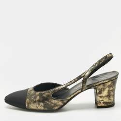 Pre Owned Chanel Black/Gold Canvas and Leather CC Cap Toe Slingback Pumps Size 37