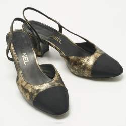 Pre Owned Chanel Black/Gold Canvas and Leather CC Cap Toe Slingback Pumps Size 37