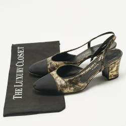 Pre Owned Chanel Black/Gold Canvas and Leather CC Cap Toe Slingback Pumps Size 37