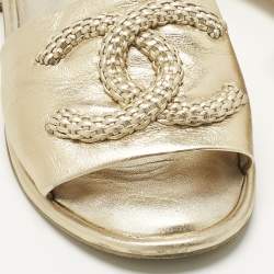 Pre Owned Chanel Gold Leather CC Flat Slides Size 38.5