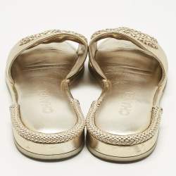 Pre Owned Chanel Gold Leather CC Flat Slides Size 38.5