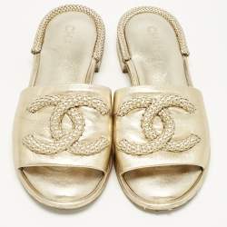 Pre Owned Chanel Gold Leather CC Flat Slides Size 38.5