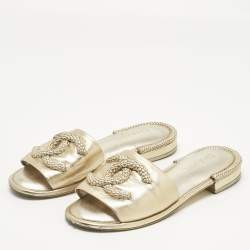 Pre Owned Chanel Gold Leather CC Flat Slides Size 38.5