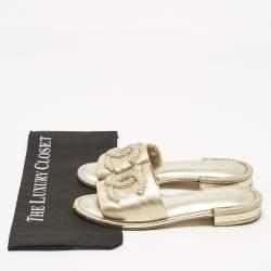 Pre Owned Chanel Gold Leather CC Flat Slides Size 38.5