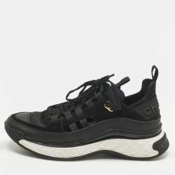 Pre Owned Chanel Black Neoprene and Suede CC Low Top Sneakers Size 39