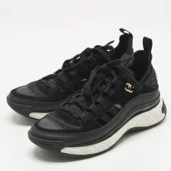 Pre Owned Chanel Black Neoprene and Suede CC Low Top Sneakers Size 39