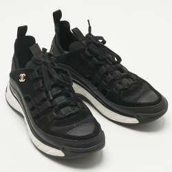 Pre Owned Chanel Black Neoprene and Suede CC Low Top Sneakers Size 39
