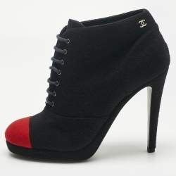 Pre Owned Chanel Navy Blue/Red Wool Cap Toe CC Ankle Length Boots Size 39.5
