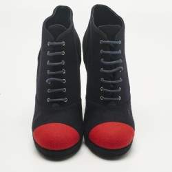 Pre Owned Chanel Navy Blue/Red Wool Cap Toe CC Ankle Length Boots Size 39.5