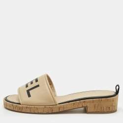 Pre Owned Chanel Beige Logo Leather Cork Slide Sandals Size 39.5