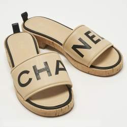 Pre Owned Chanel Beige Logo Leather Cork Slide Sandals Size 39.5
