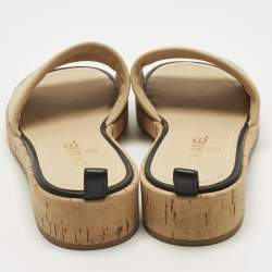 Pre Owned Chanel Beige Logo Leather Cork Slide Sandals Size 39.5