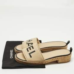 Pre Owned Chanel Beige Logo Leather Cork Slide Sandals Size 39.5