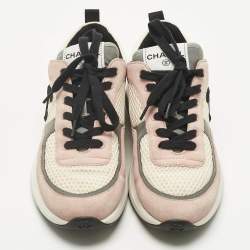 Pre Owned Chanel Pink Mesh and Suede CC Lace Up Sneakers Size 38