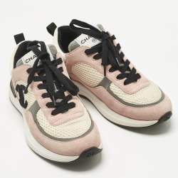 Pre Owned Chanel Pink Mesh and Suede CC Lace Up Sneakers Size 38
