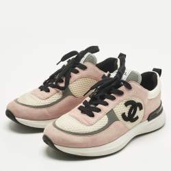 Pre Owned Chanel Pink Mesh and Suede CC Lace Up Sneakers Size 38