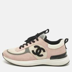 Pre Owned Chanel Pink Mesh and Suede CC Lace Up Sneakers Size 38
