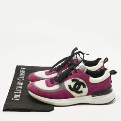 Pre Owned Chanel Purple/Purple Suede And Mesh CC Lace Up Sneakers Size 38