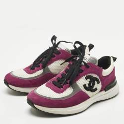 Pre Owned Chanel Purple/Purple Suede And Mesh CC Lace Up Sneakers Size 38