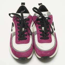 Pre Owned Chanel Purple/Purple Suede And Mesh CC Lace Up Sneakers Size 38