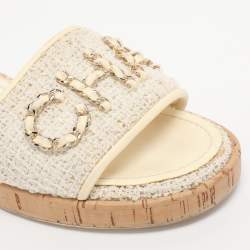 Pre Owned Chanel Ivory Tweed and Leather Chain Detail Cork Slide Sandals Size 39.5