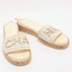 Pre Owned Chanel Ivory Tweed and Leather Chain Detail Cork Slide Sandals Size 39.5