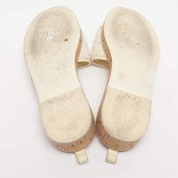 Pre Owned Chanel Ivory Tweed and Leather Chain Detail Cork Slide Sandals Size 39.5