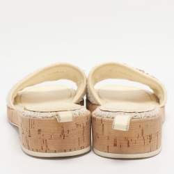 Pre Owned Chanel Ivory Tweed and Leather Chain Detail Cork Slide Sandals Size 39.5