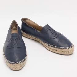 Pre Owned Chanel Blue Leather CC Cap Toe Espadrille Flats Size 40