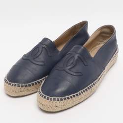 Pre Owned Chanel Blue Leather CC Cap Toe Espadrille Flats Size 40