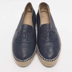 Pre Owned Chanel Blue Leather CC Cap Toe Espadrille Flats Size 40