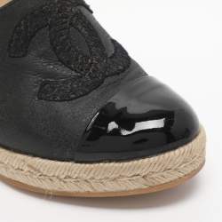 Pre Owned Chanel Grey/Black Nubuck and Patent Leather CC Cap Toe Espadrille Platform Wedge Pumps 36