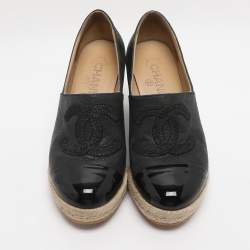 Pre Owned Chanel Grey/Black Nubuck and Patent Leather CC Cap Toe Espadrille Platform Wedge Pumps 36