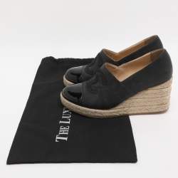 Pre Owned Chanel Grey/Black Nubuck and Patent Leather CC Cap Toe Espadrille Platform Wedge Pumps 36