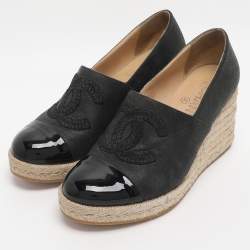 Pre Owned Chanel Grey/Black Nubuck and Patent Leather CC Cap Toe Espadrille Platform Wedge Pumps 36