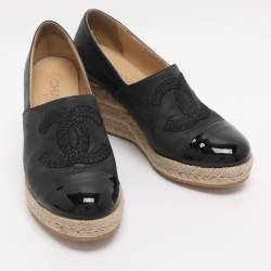 Pre Owned Chanel Grey/Black Nubuck and Patent Leather CC Cap Toe Espadrille Platform Wedge Pumps 36